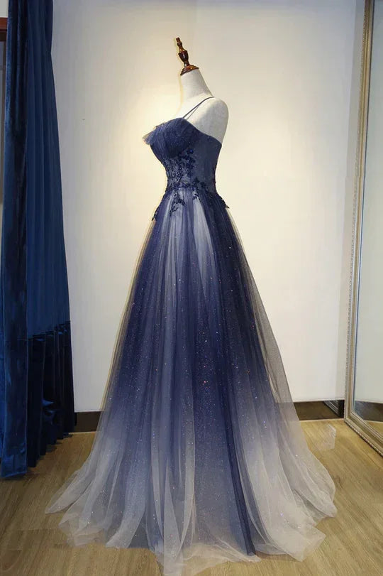 Abito lungo da sera con spalline eleganti in tulle sfumato, abito da ballo a linea ad A in tulle Y1807