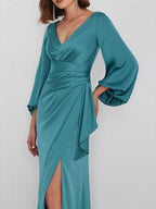 Floor Length Long Sleeve V Neck A Line Wedding Guest Dress Charmeuse With Ruched
