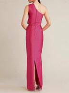 One Shoulder Satin Floor Length Wedding Guest Dress With Bow And Pocket