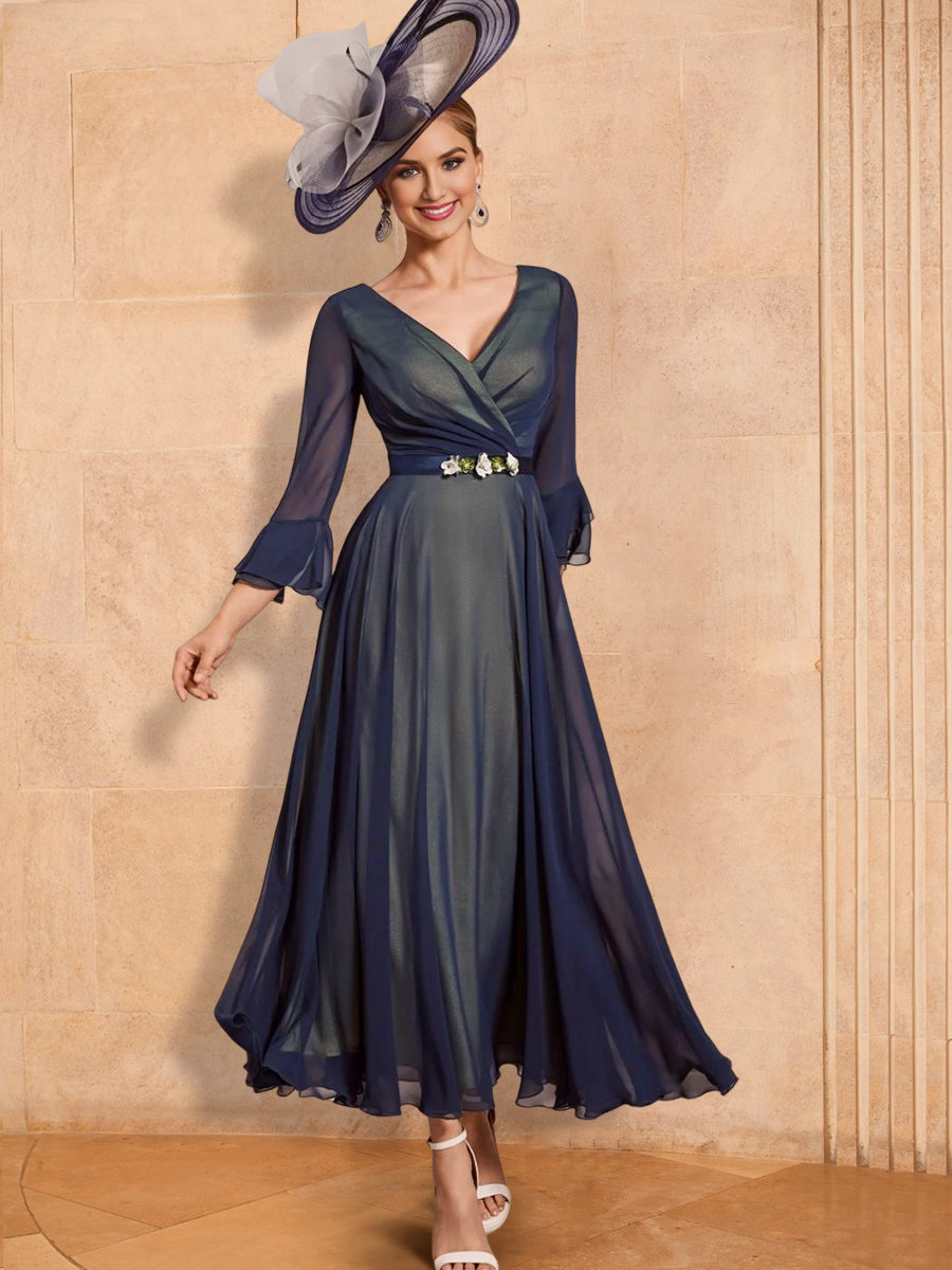 A-Line/Princess V-Neck Ankle-Length Mother of the Bride Dresses with Belt