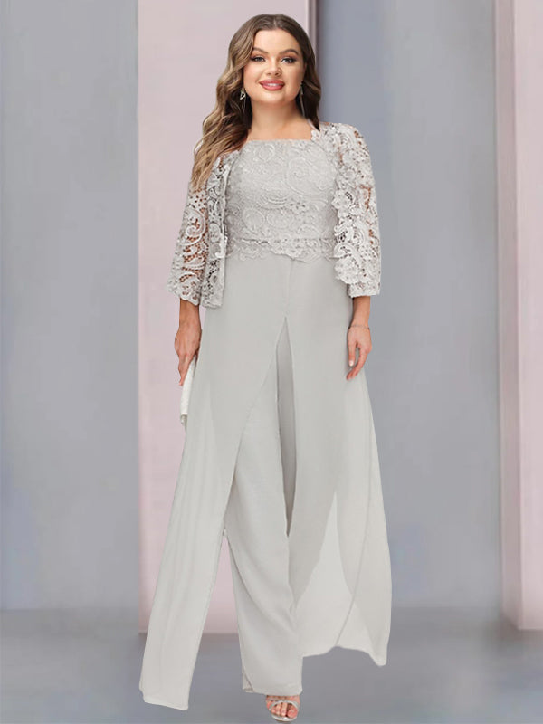 Plus Size Floor Length Chiffon Pantsuit For Mother Of The Bride With Jacket