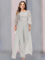 Plus Size Floor Length Chiffon Pantsuit For Mother Of The Bride With Jacket