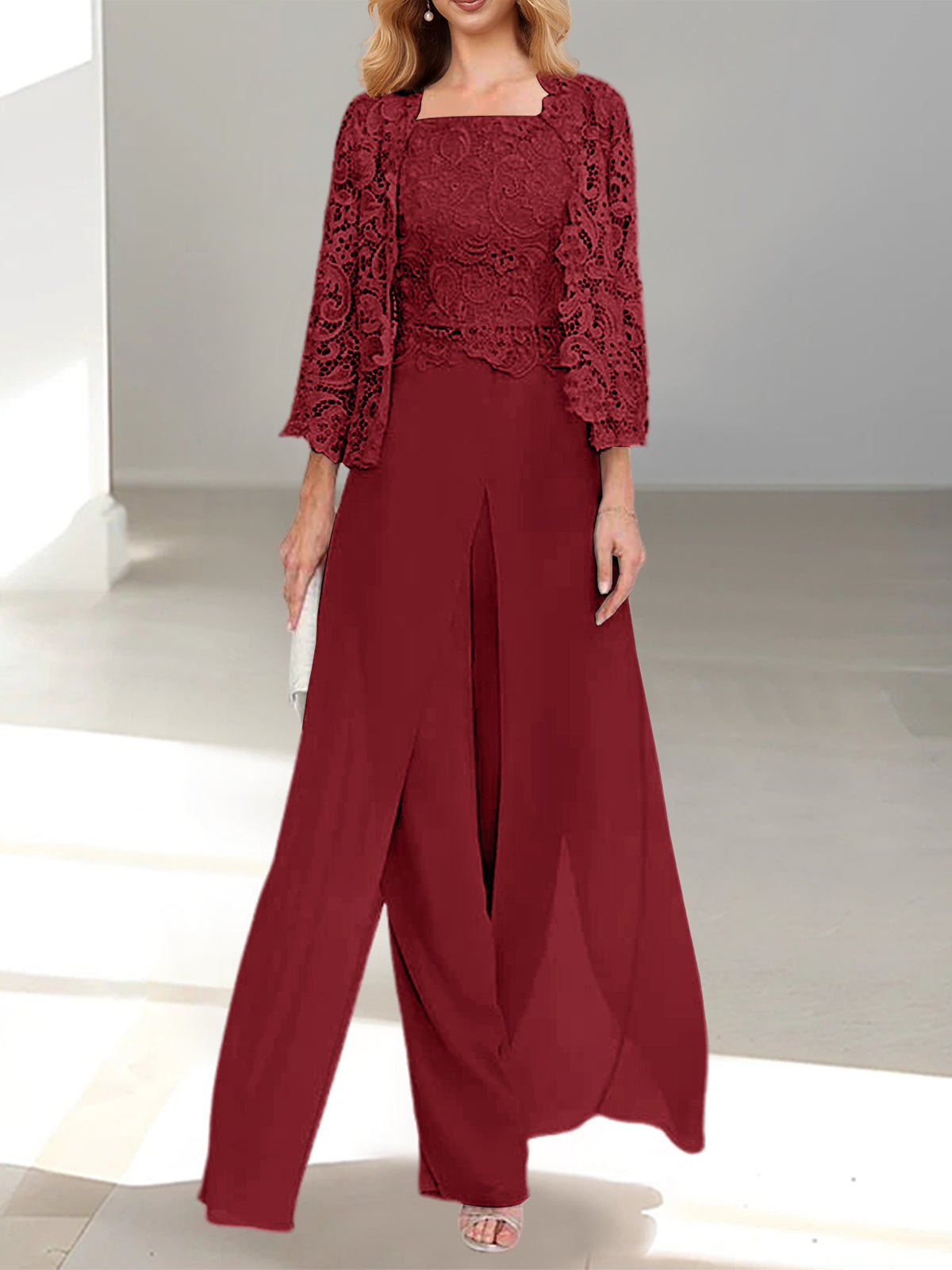 Floor-Length Square Neck Chiffon Mother of the Bride Pantsuit with Jacket & Side Split
