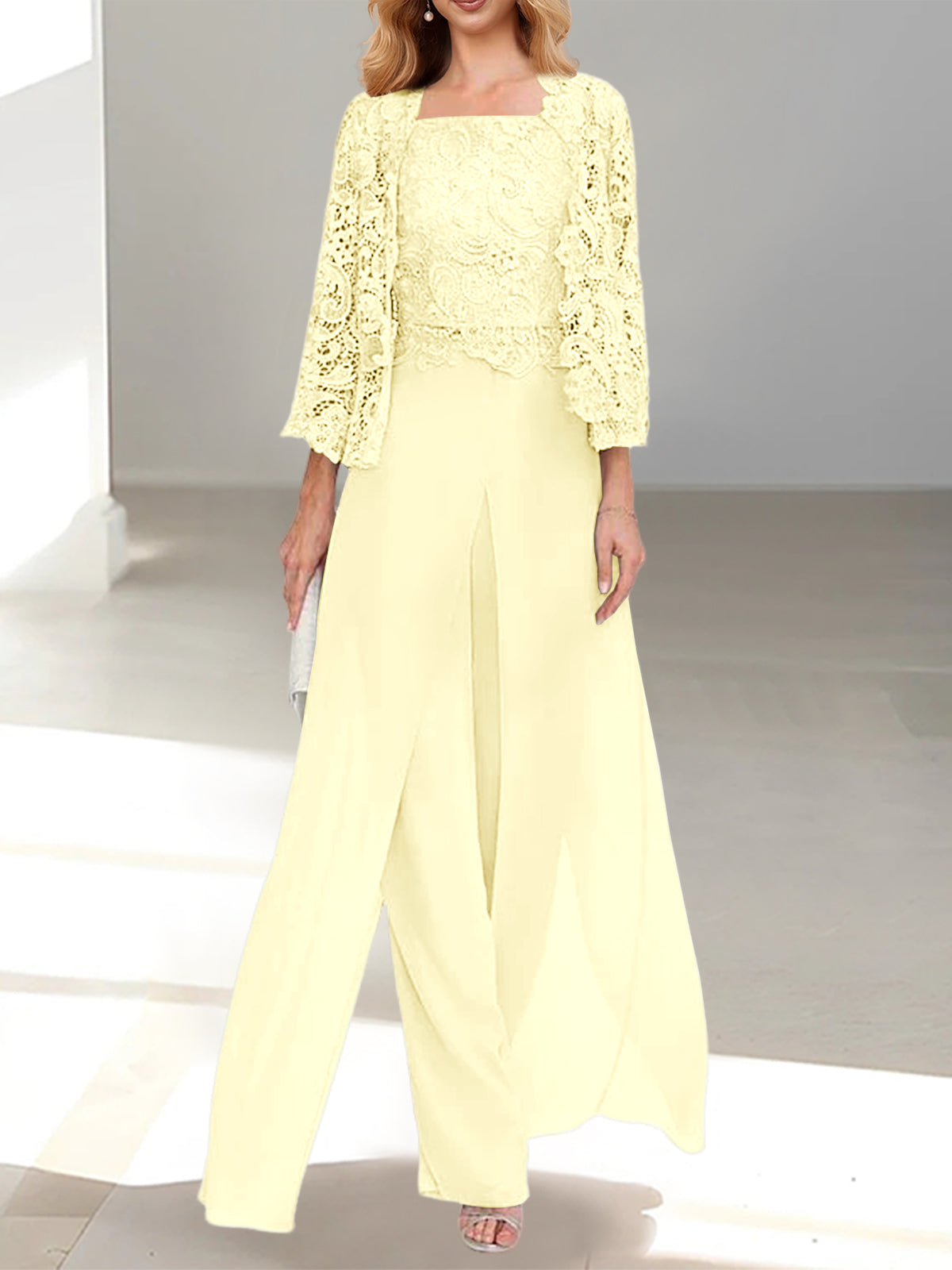 Floor-Length Square Neck Chiffon Mother of the Bride Pantsuit with Jacket & Side Split