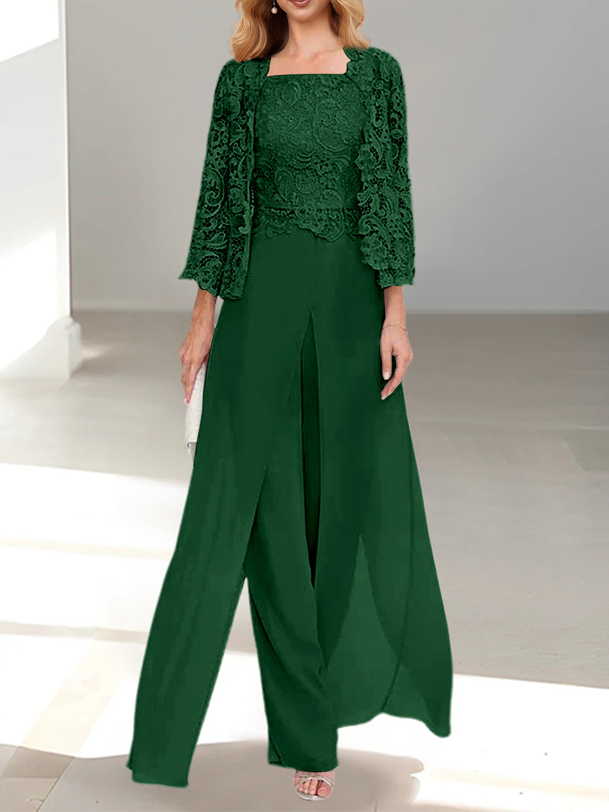 Floor-Length Square Neck Chiffon Mother of the Bride Pantsuit with Jacket & Side Split