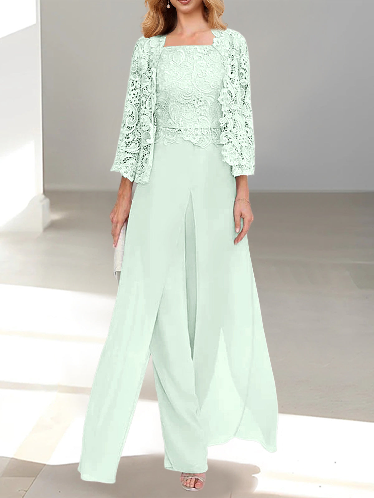 Floor-Length Square Neck Chiffon Mother of the Bride Pantsuit with Jacket & Side Split