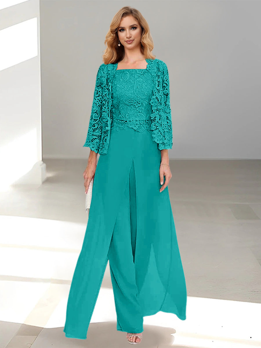 Floor-Length Square Neck Chiffon Mother of the Bride Pantsuit with Jacket & Side Split