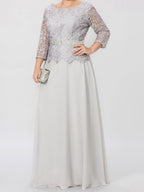 Floor Length A Line Gown Round Neck Three Quarter Sleeves Applique Sequins