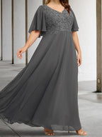 V-Neck A-Line Floor-Length Mother Of The Bride Dress Applique Half Sleeves