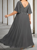 V-Neck A-Line Floor-Length Mother Of The Bride Dress Applique Half Sleeves