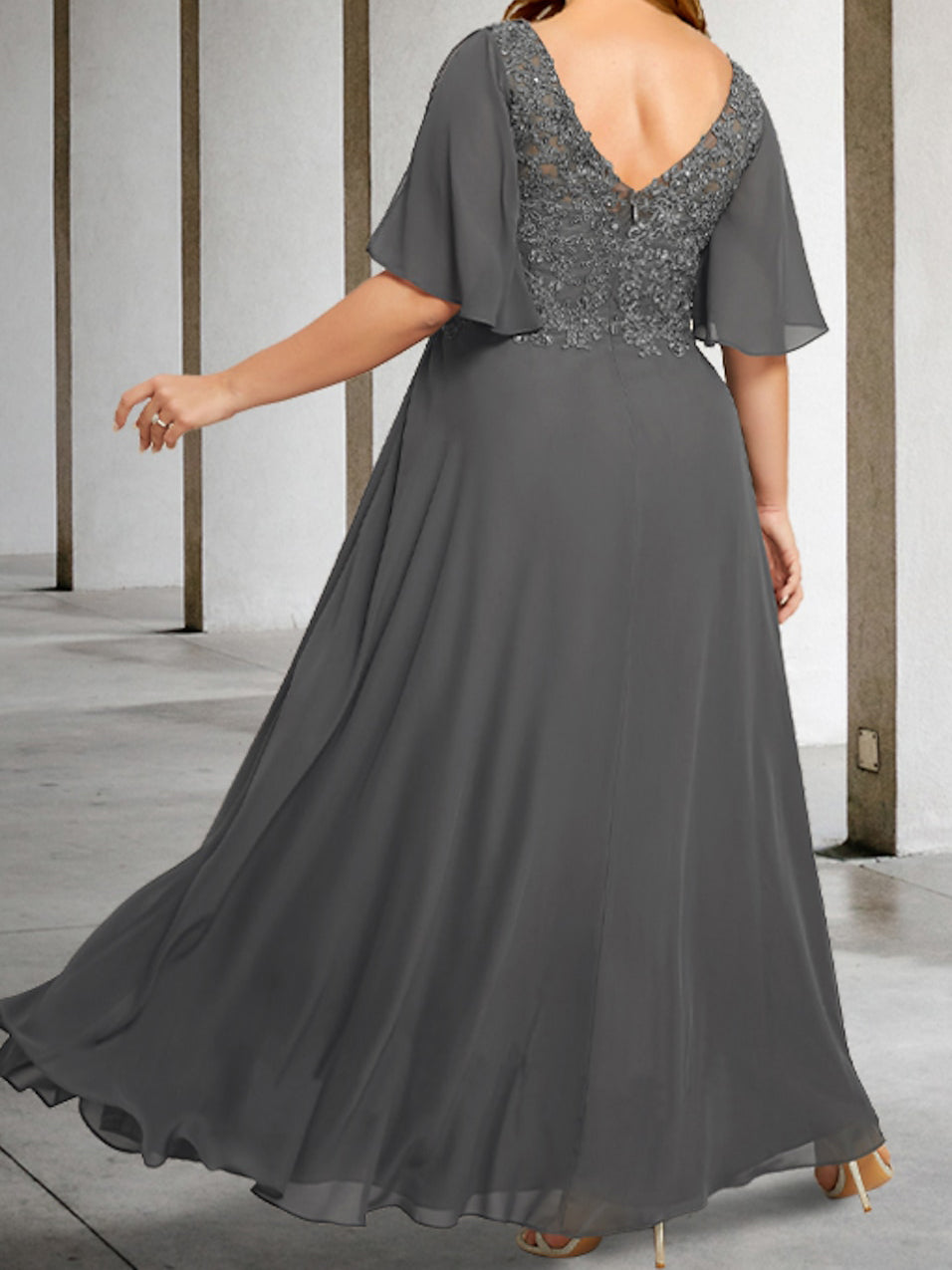 V-Neck A-Line Floor-Length Mother Of The Bride Dress Applique Half Sleeves