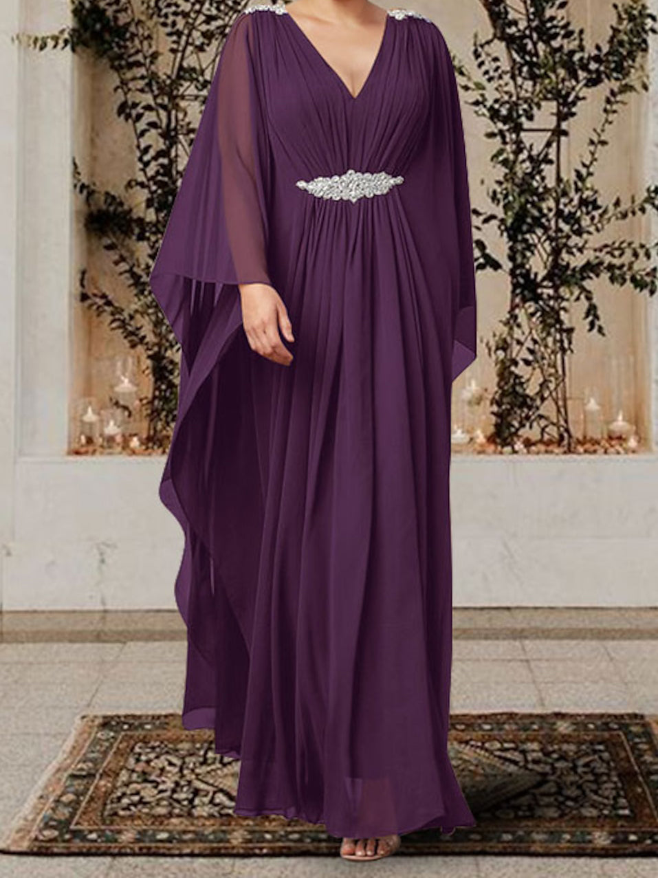 V Neck A Line Princess Mother Of The Bride Dress With Rhinestones