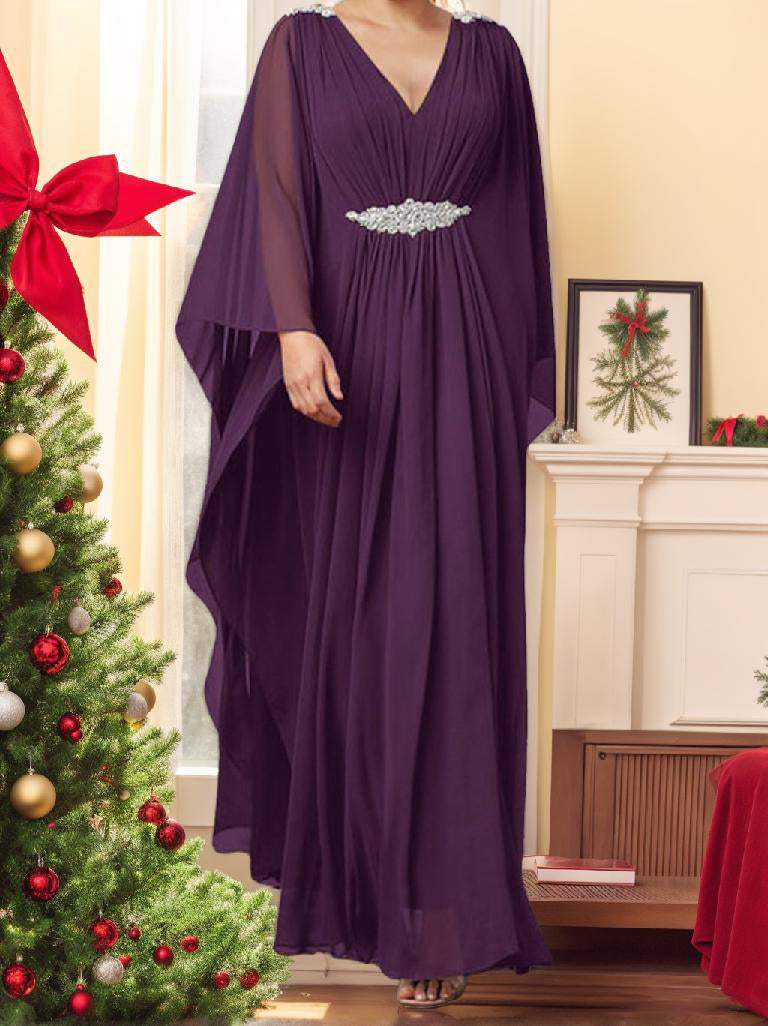 V Neck A Line Princess Mother Of The Bride Dress With Rhinestones