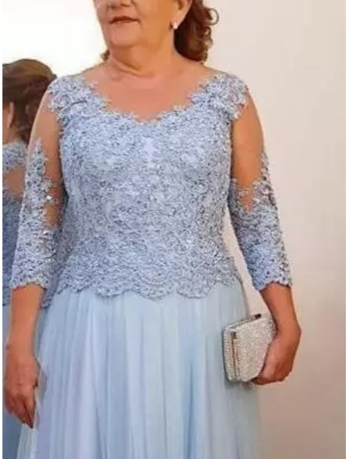 Floor Length A Line Mother Of The Bride Dress Sheer Neck Three Quarter Sleeves