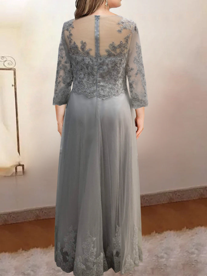 Floor Length A Line Mother Of The Bride Dress Sheer Neck Three Quarter Sleeves