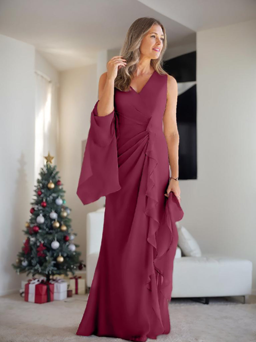 Elegant Sleeveless V Neck Floor Length Mother Of The Bride Gown With Ruffles