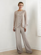 Elegant Long Sleeve Chiffon Pantsuit for Mother of the Bride