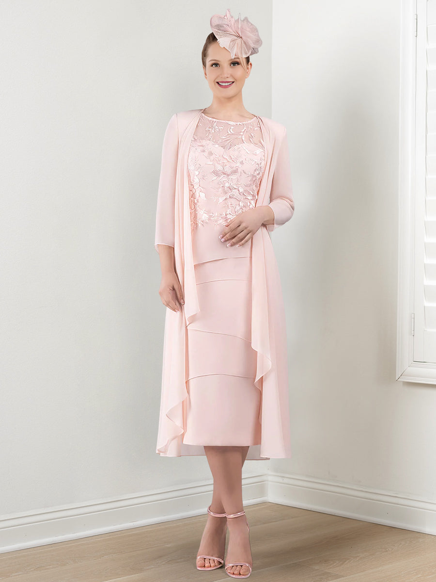 Round Neck Mother Of The Bride Sheath Column Dresses With Applique Jacket
