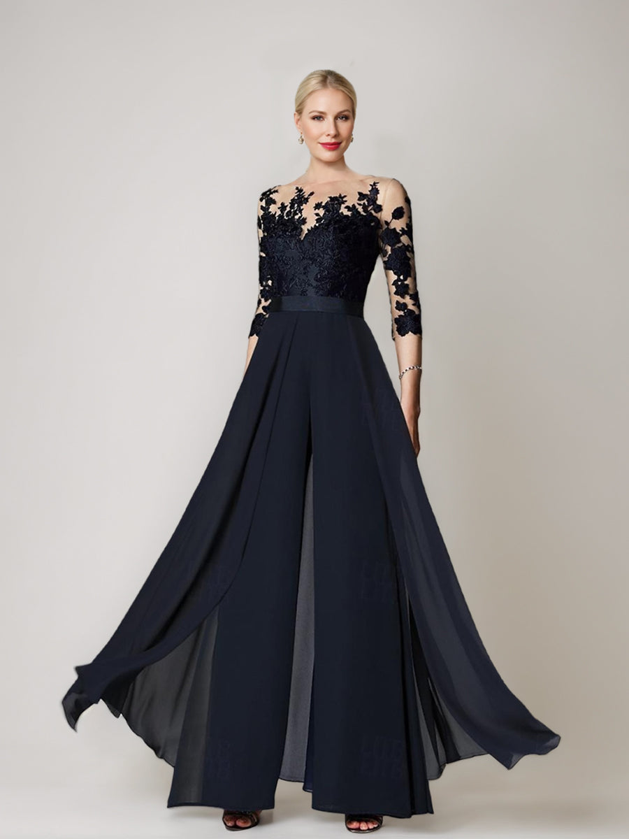 Princess Jewel Neck A-Line Floor-Length Mother of the Bride Pantsuit with Applique and 3/4 Sleeves