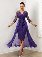 فساتين أم العروس برقبة على شكل حرف V من الدانتيل الضيق/العمود مع ذيل واتيو