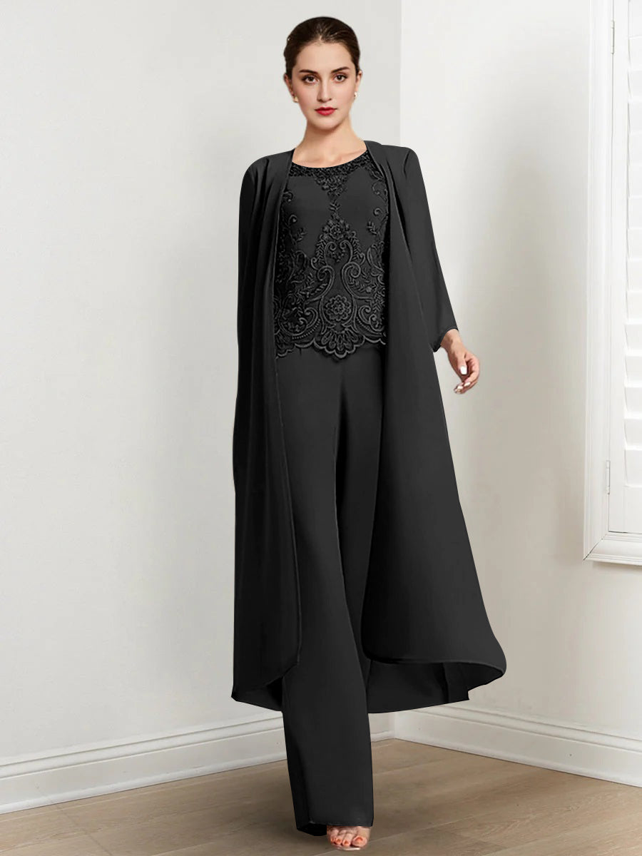 Floor Length Chiffon Pantsuit For Mother Of The Bride With Jacket And Applique