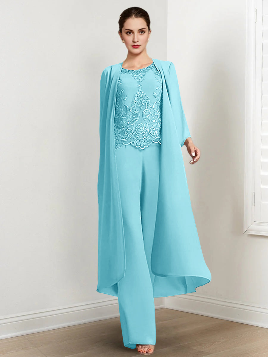 Floor Length Chiffon Pantsuit For Mother Of The Bride With Jacket And Applique