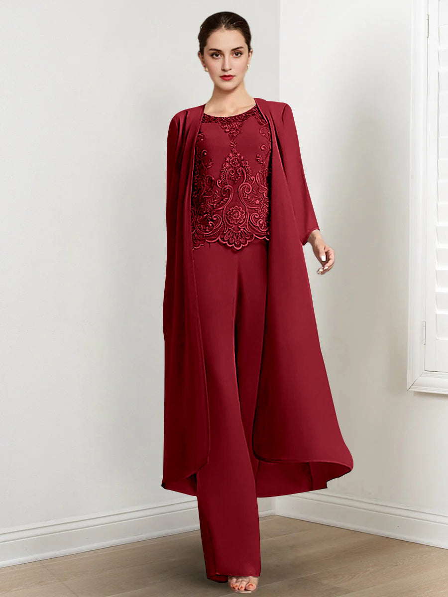 Floor Length Chiffon Pantsuit For Mother Of The Bride With Jacket And Applique