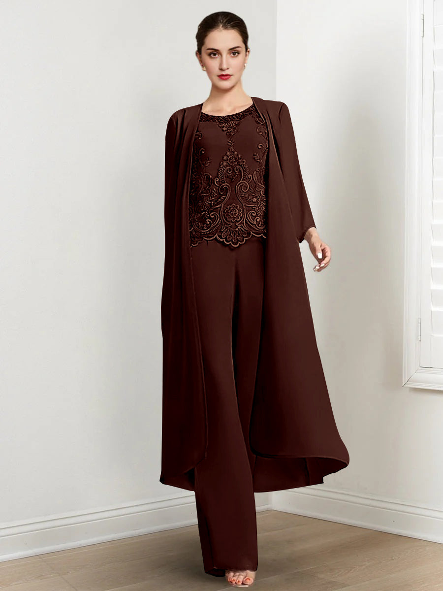 Floor Length Chiffon Pantsuit For Mother Of The Bride With Jacket And Applique