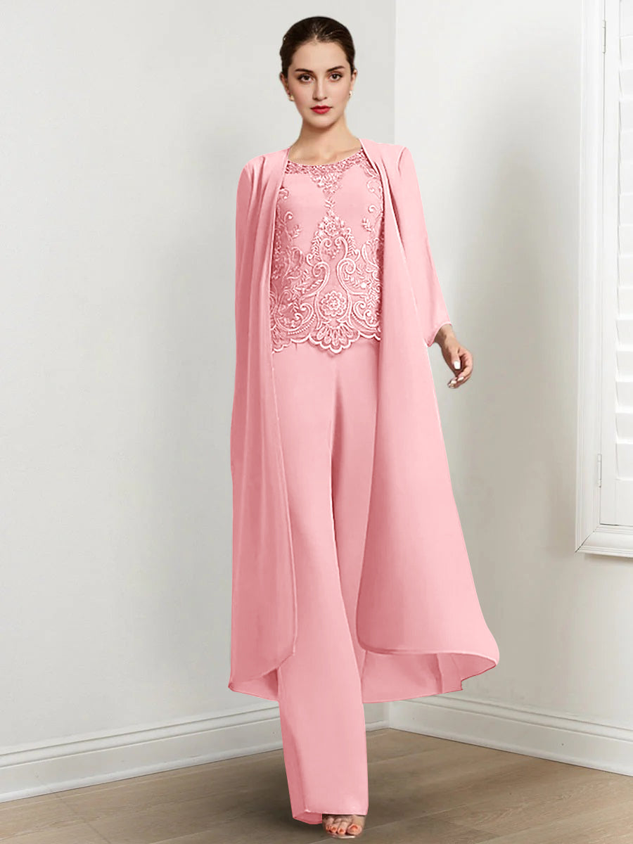 Floor Length Chiffon Pantsuit For Mother Of The Bride With Jacket And Applique