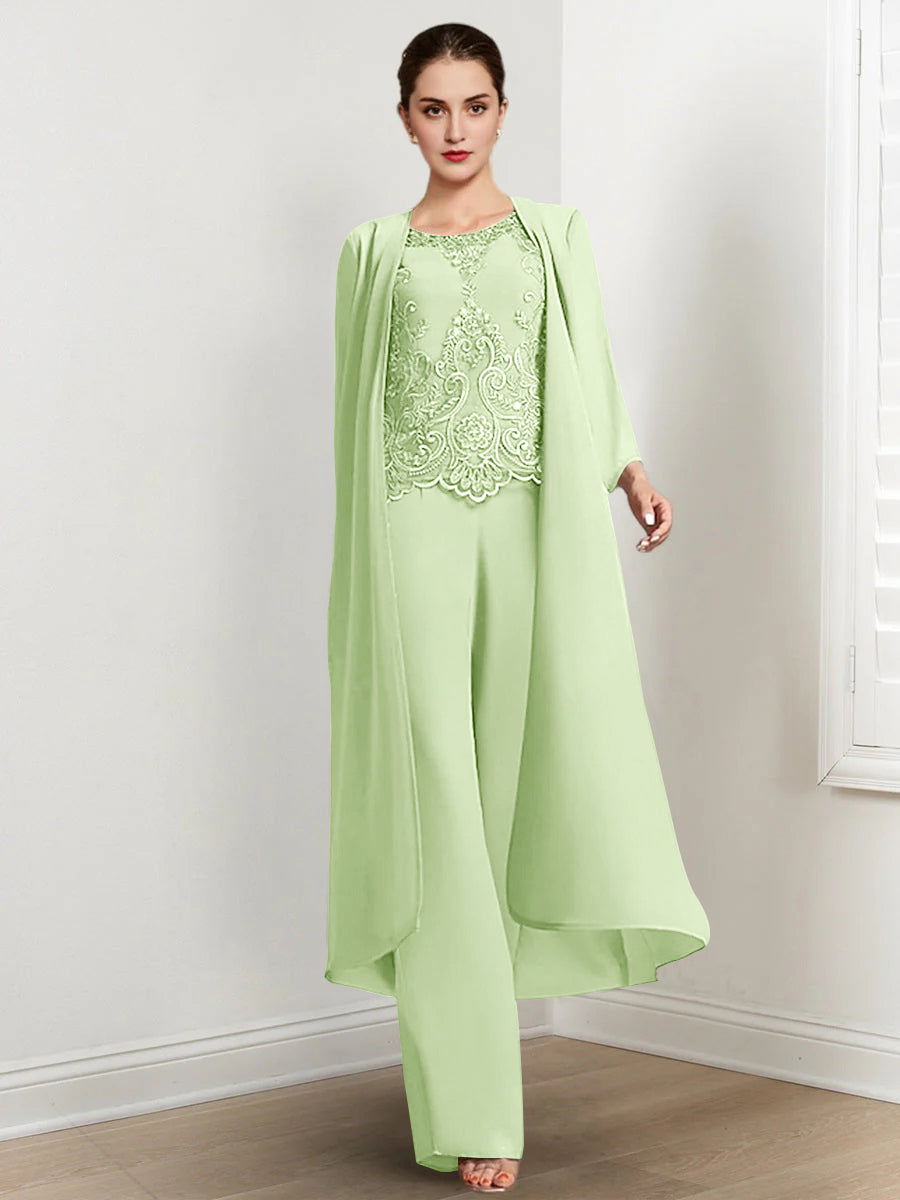 Floor Length Chiffon Pantsuit For Mother Of The Bride With Jacket And Applique
