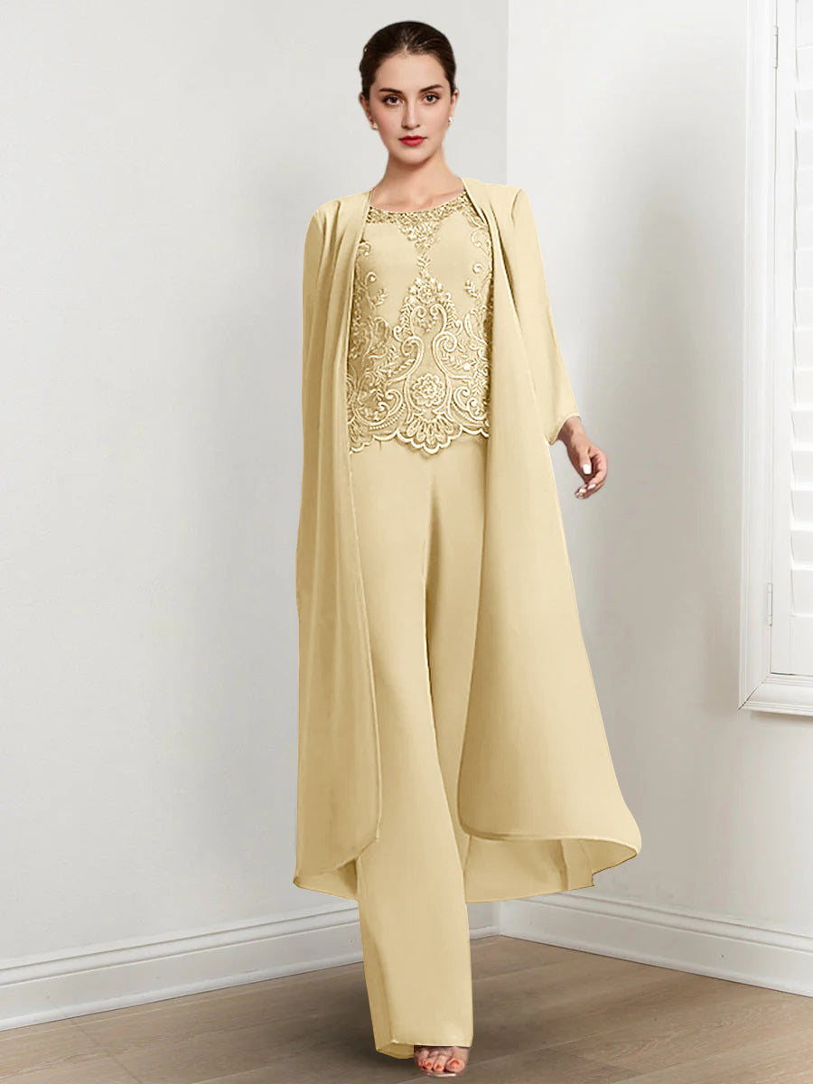 Floor Length Chiffon Pantsuit For Mother Of The Bride With Jacket And Applique