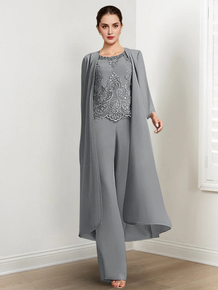 Floor Length Chiffon Pantsuit For Mother Of The Bride With Jacket And Applique