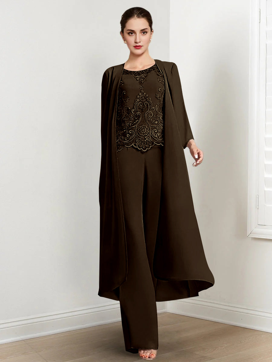 Floor Length Chiffon Pantsuit For Mother Of The Bride With Jacket And Applique