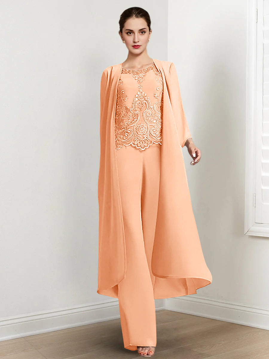 Floor Length Chiffon Pantsuit For Mother Of The Bride With Jacket And Applique