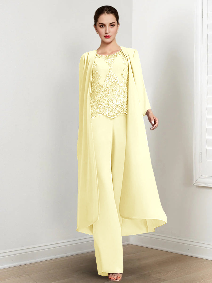 Floor Length Chiffon Pantsuit For Mother Of The Bride With Jacket And Applique