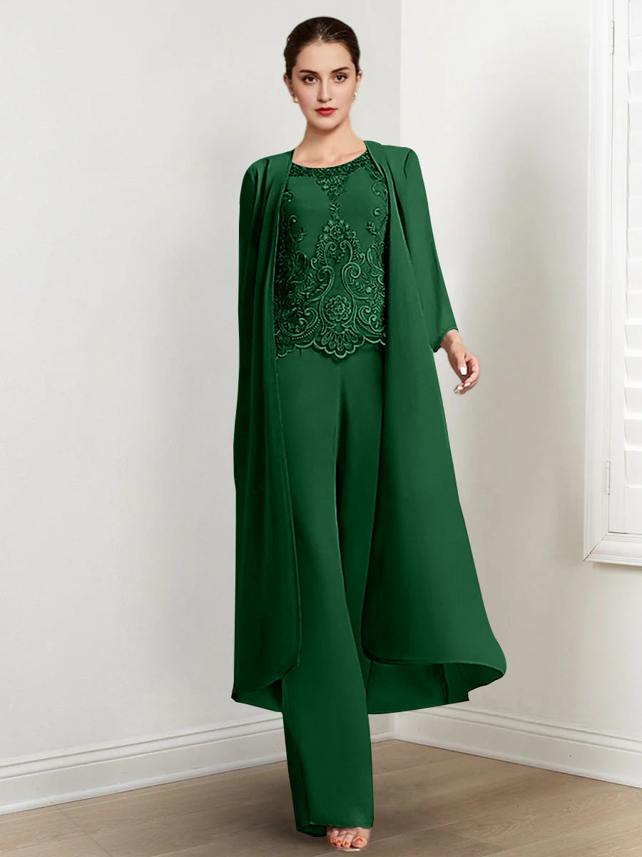 Floor Length Chiffon Pantsuit For Mother Of The Bride With Jacket And Applique