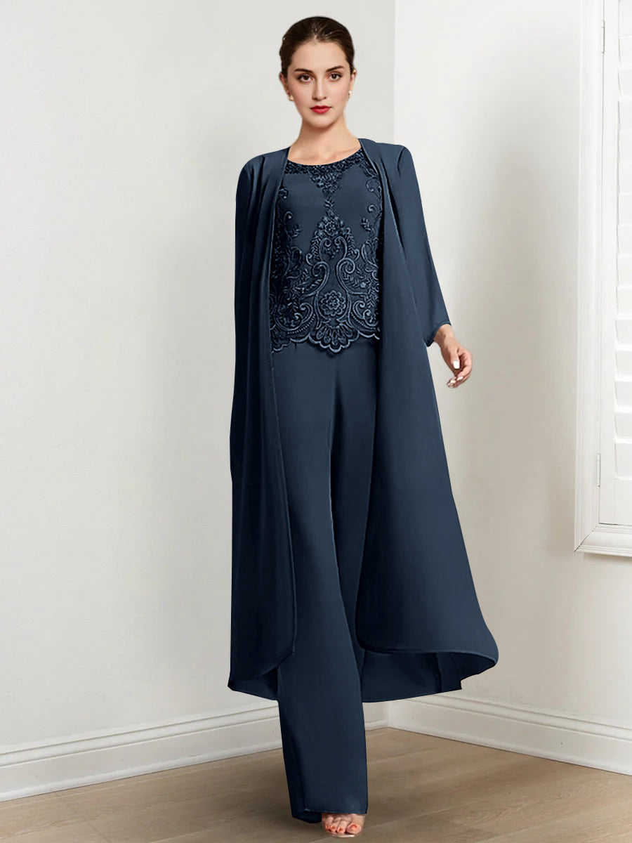 Floor Length Chiffon Pantsuit For Mother Of The Bride With Jacket And Applique
