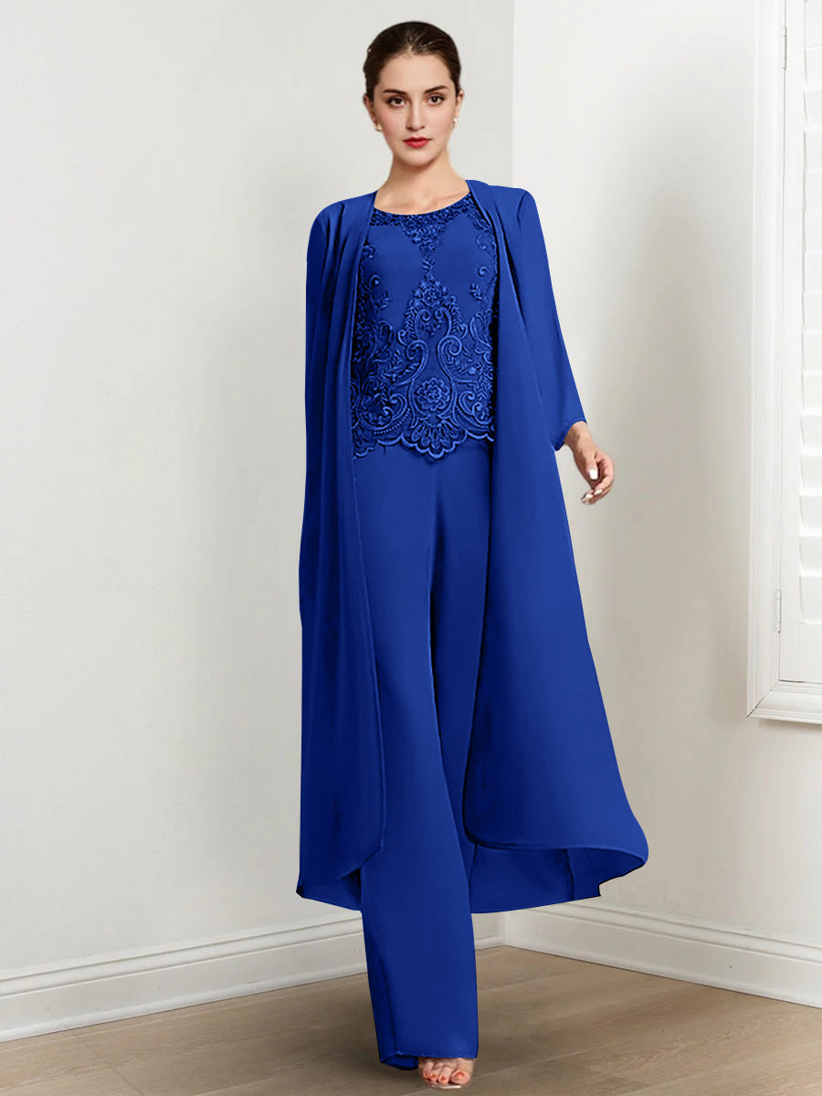 Floor Length Chiffon Pantsuit For Mother Of The Bride With Jacket And Applique