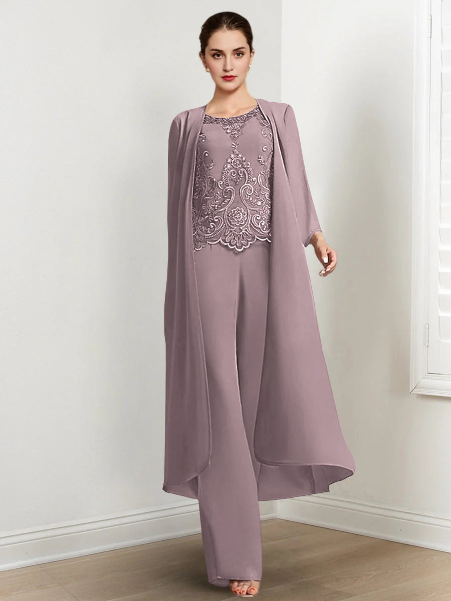 Floor Length Chiffon Pantsuit For Mother Of The Bride With Jacket And Applique