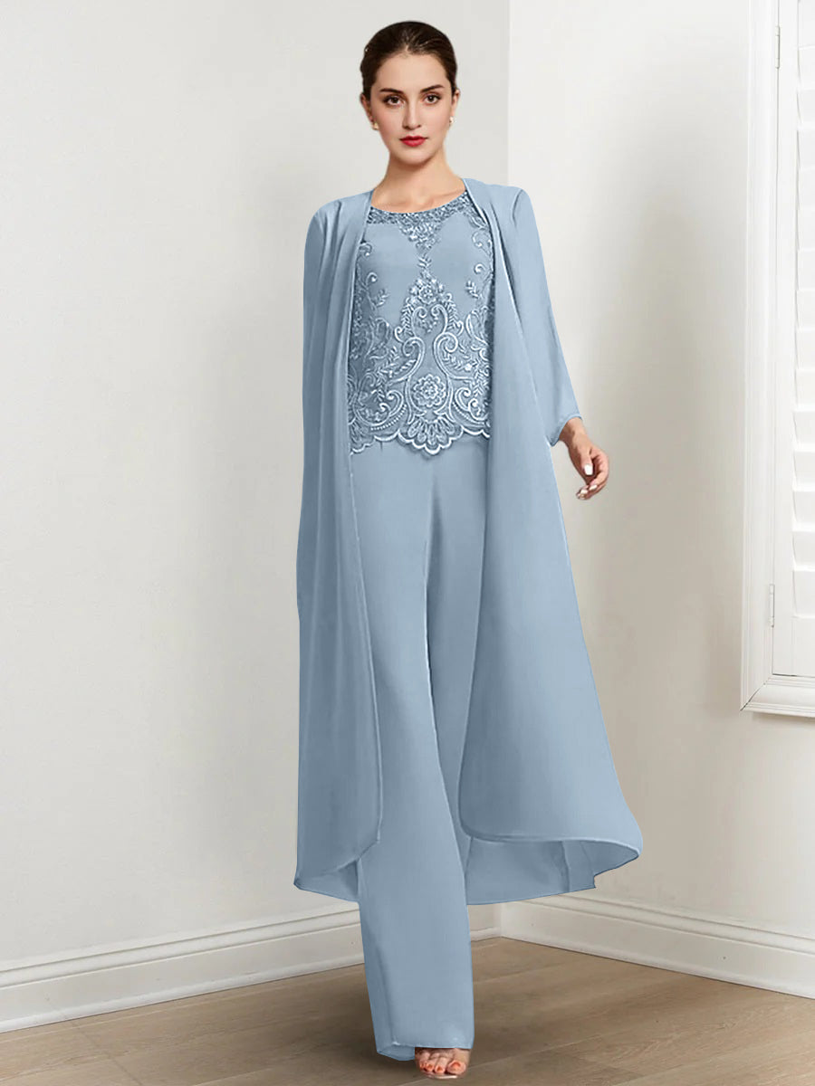 Floor Length Chiffon Pantsuit For Mother Of The Bride With Jacket And Applique