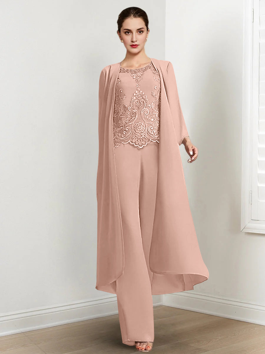 Floor Length Chiffon Pantsuit For Mother Of The Bride With Jacket And Applique