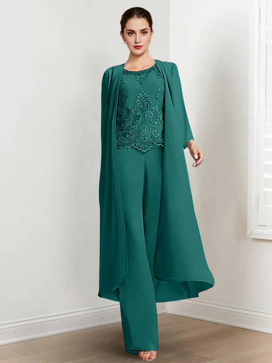 Floor Length Chiffon Pantsuit For Mother Of The Bride With Jacket And Applique