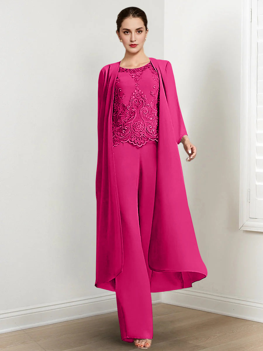 Floor Length Chiffon Pantsuit For Mother Of The Bride With Jacket And Applique