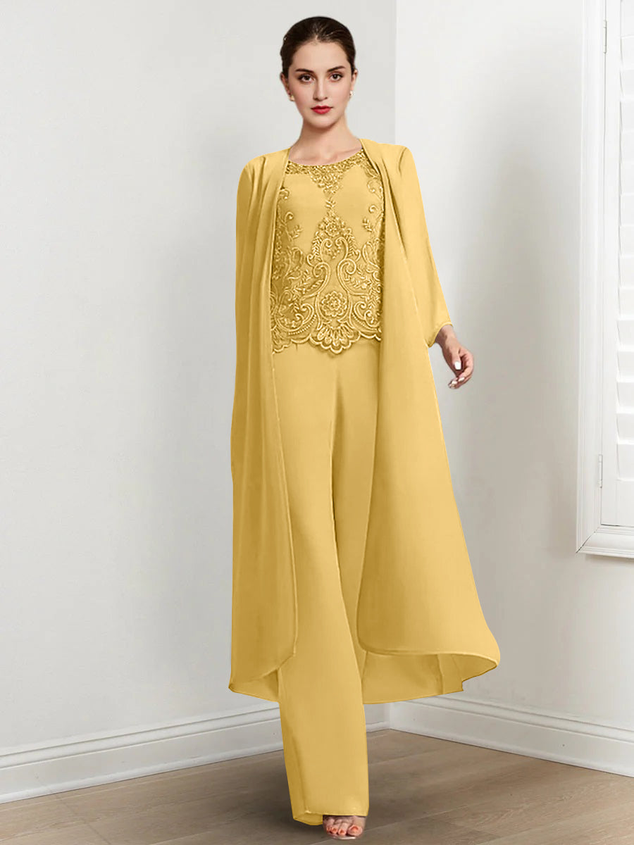 Floor Length Chiffon Pantsuit For Mother Of The Bride With Jacket And Applique