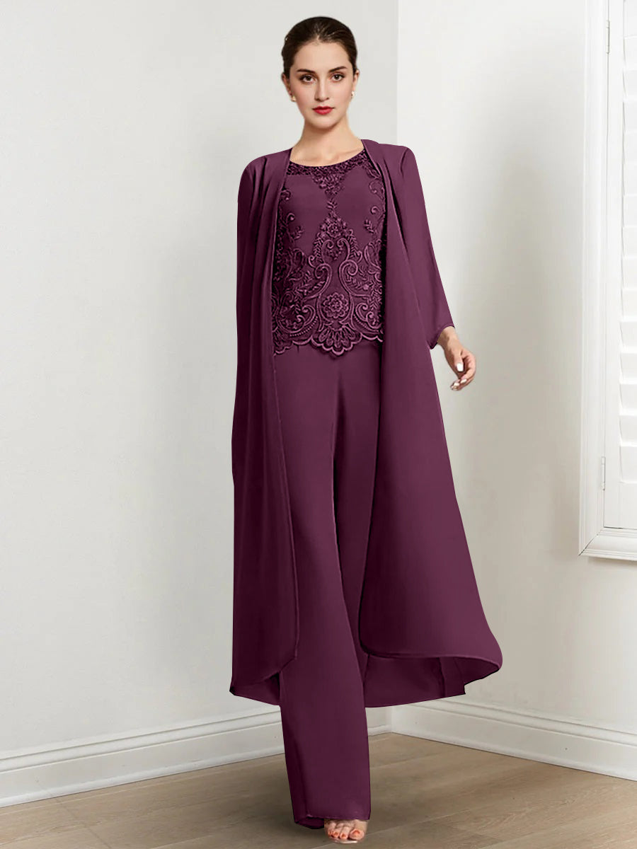 Floor Length Chiffon Pantsuit For Mother Of The Bride With Jacket And Applique