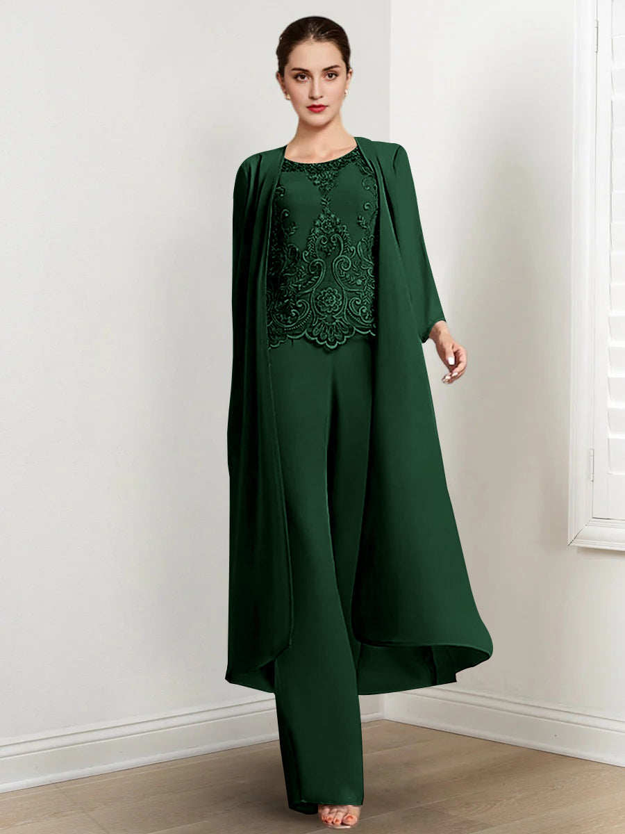 Floor Length Chiffon Pantsuit For Mother Of The Bride With Jacket And Applique