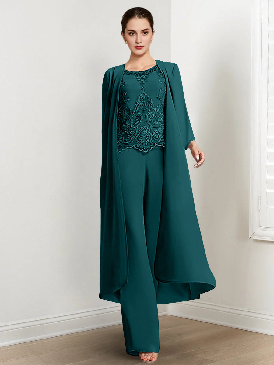 Floor Length Chiffon Pantsuit For Mother Of The Bride With Jacket And Applique