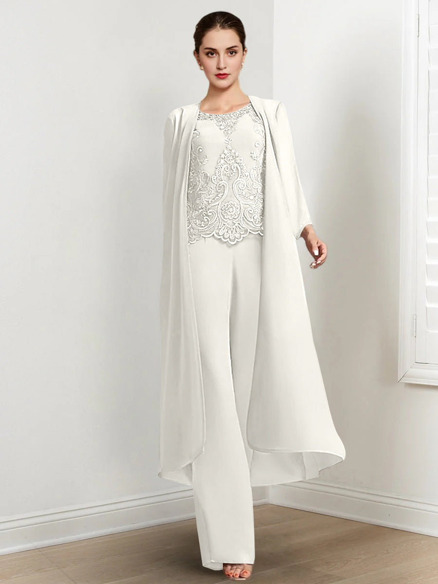 Floor Length Chiffon Pantsuit For Mother Of The Bride With Jacket And Applique