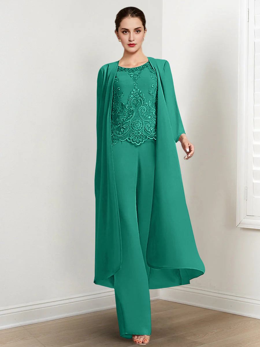 Floor Length Chiffon Pantsuit For Mother Of The Bride With Jacket And Applique