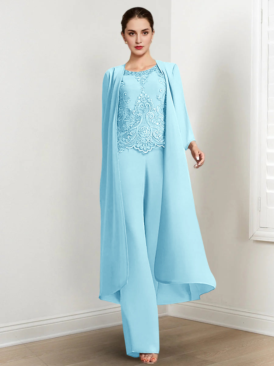 Floor Length Chiffon Pantsuit For Mother Of The Bride With Jacket And Applique
